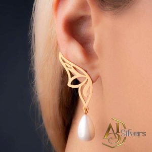 Kelebek Kanadı Figürlü Damla incili Gümüş Küpe