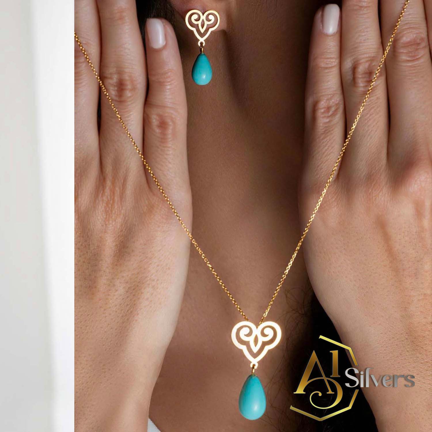 Otantik Motifli Damla Taş Kolye Küpe Gümüş Set